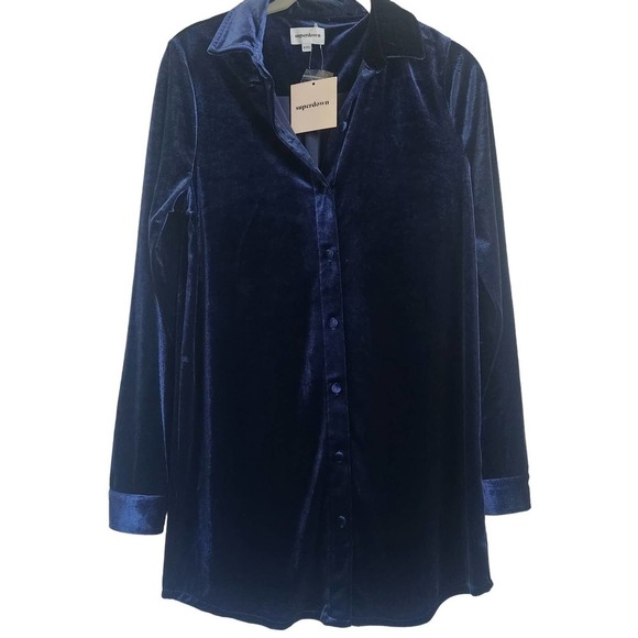 NWT Superdown Velvet Buttondown Shirt Dress in Navy Size XXS - Picture 3 of 6